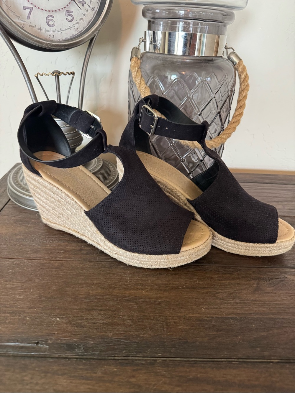 Cityclassified Black Espadrille Wedge Sandals with Ankle Strap
